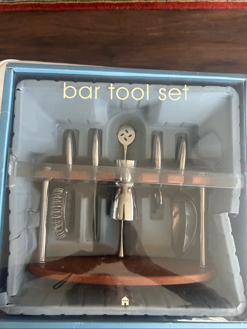 Michael Graves Bar Tool Set  and Cherry-finished solid wood caddy.New old stock